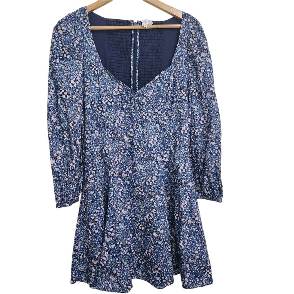 J.Crew Liberty Fabric Dress Women 8 Blue Paisley Floral Smocked Puff Sleeve Mini
